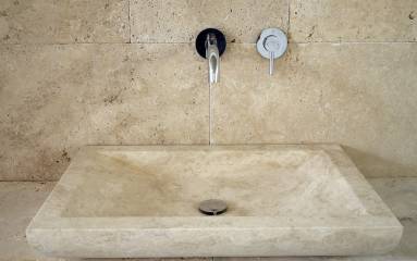 Naturstein Waschbecken eckig Travertin beige Modell Tablo