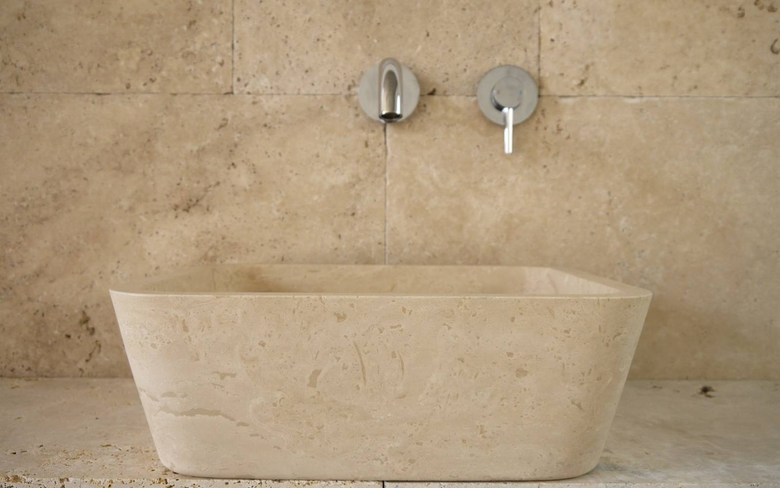Travertin Stein Aufsatzwaschbecken eckig, beige